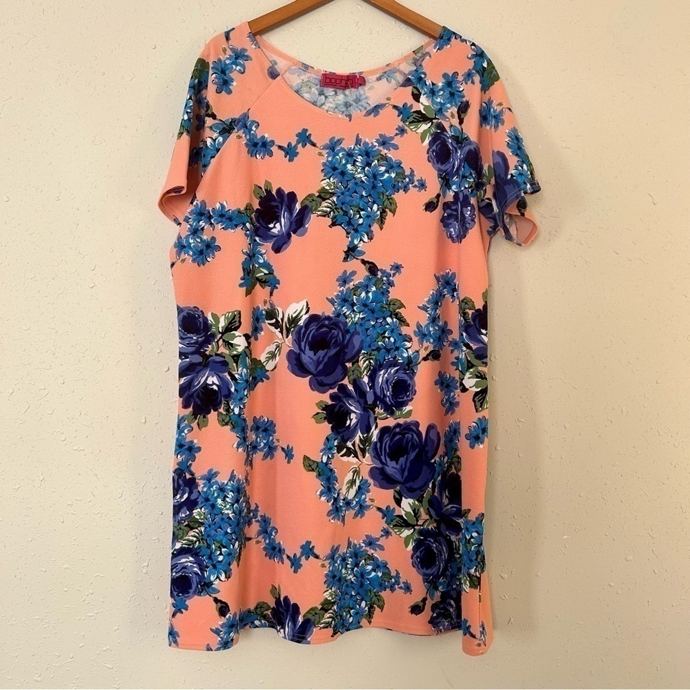 🦋 Boohoo Pink Blue Floral Cap Sleeve Shift Mini Dress Size 20
